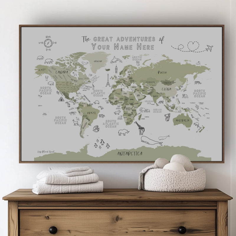 Custom World Map with Animals for Kids Sage Green