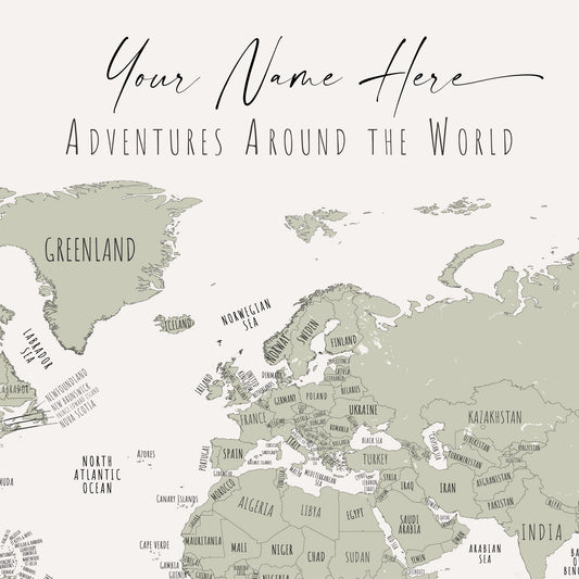 Custom Minimalist World Map Sage Green