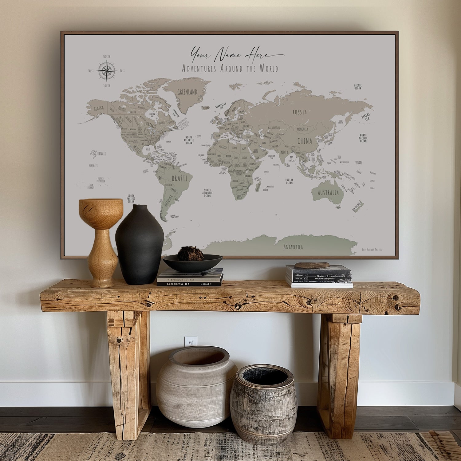 Custom Minimalist World Map Beige Sage