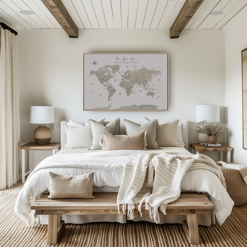 Custom Minimalist World Map Beige Sage