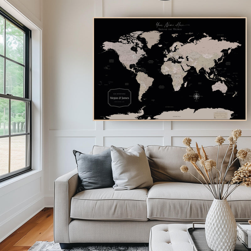 Custom Political World Map Black and Beige