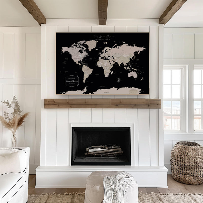 Custom Political World Map Black and Beige