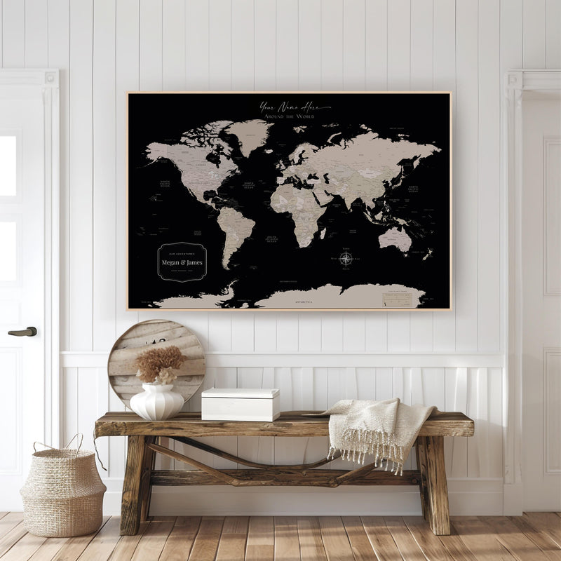 Custom Political World Map Black and Beige