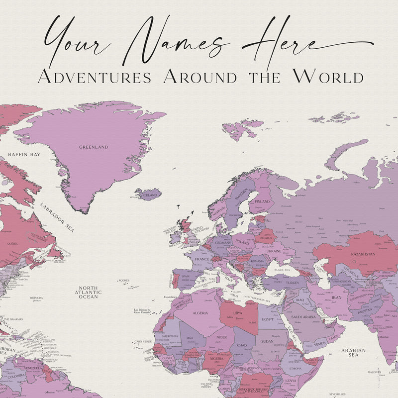 Carte du monde politique personnalisée coucher de soleil à Santorini