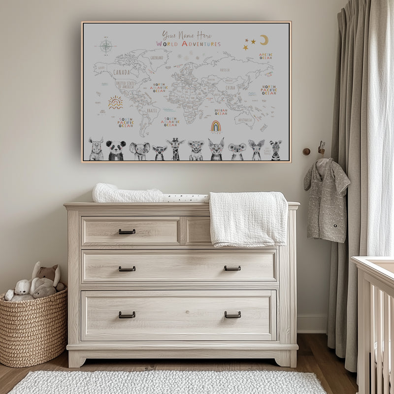 Custom World Map Exotic Animals for Kids