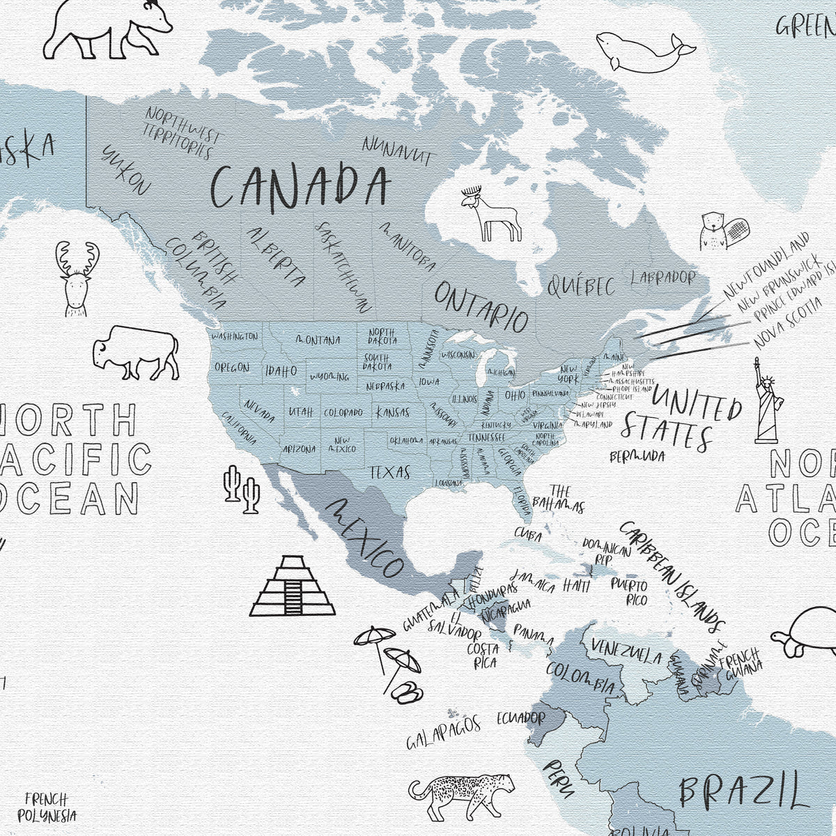 Carte du monde personnalisée ludique pour enfants, bleue