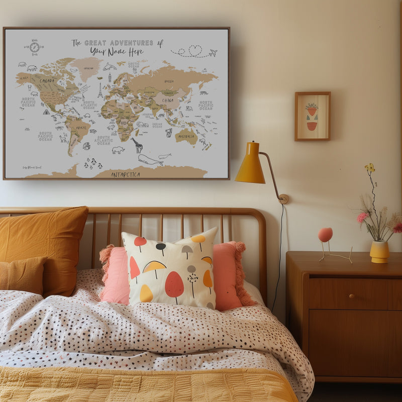 Carte du monde personnalisée ludique pour enfants, orange