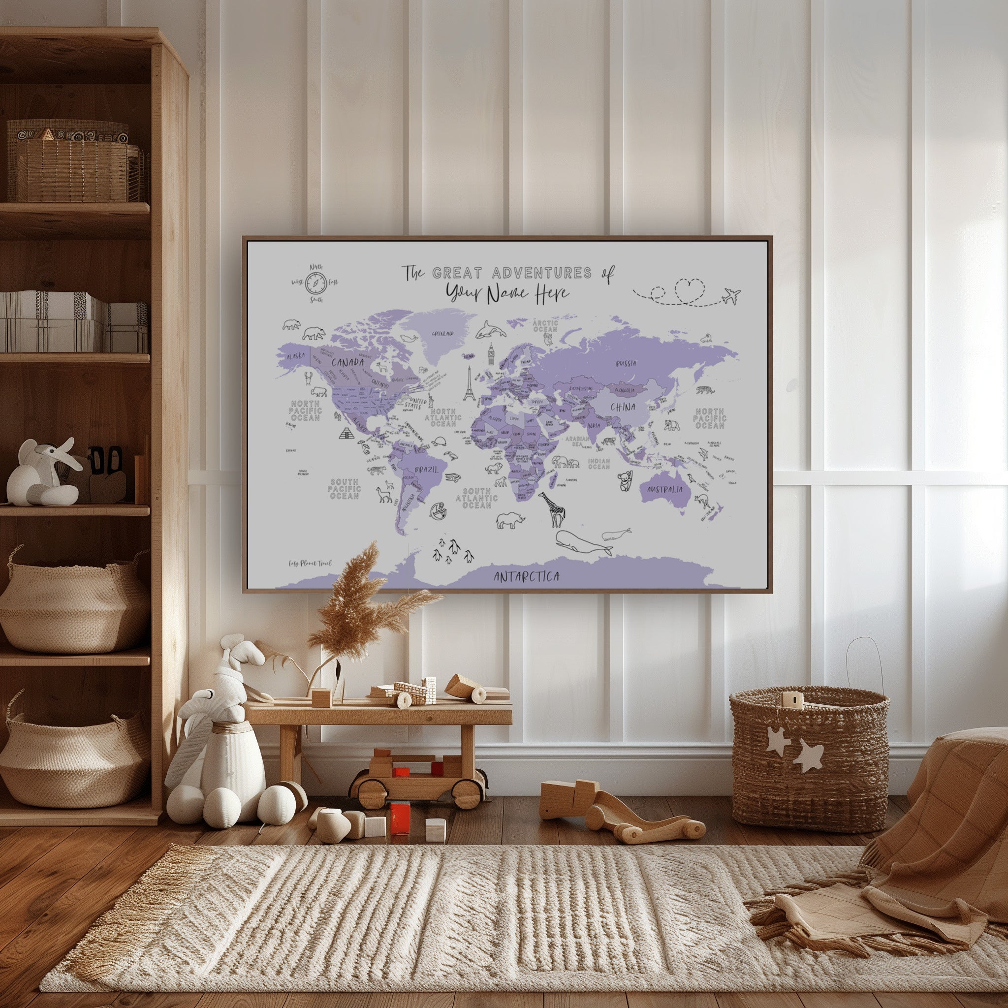 Curstomer World Map Example Custom World Map with Animals for Kids Purple – Easy Planet Travel