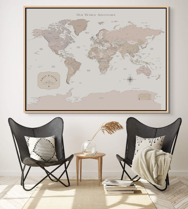 Custom Political World Map Sand Beige