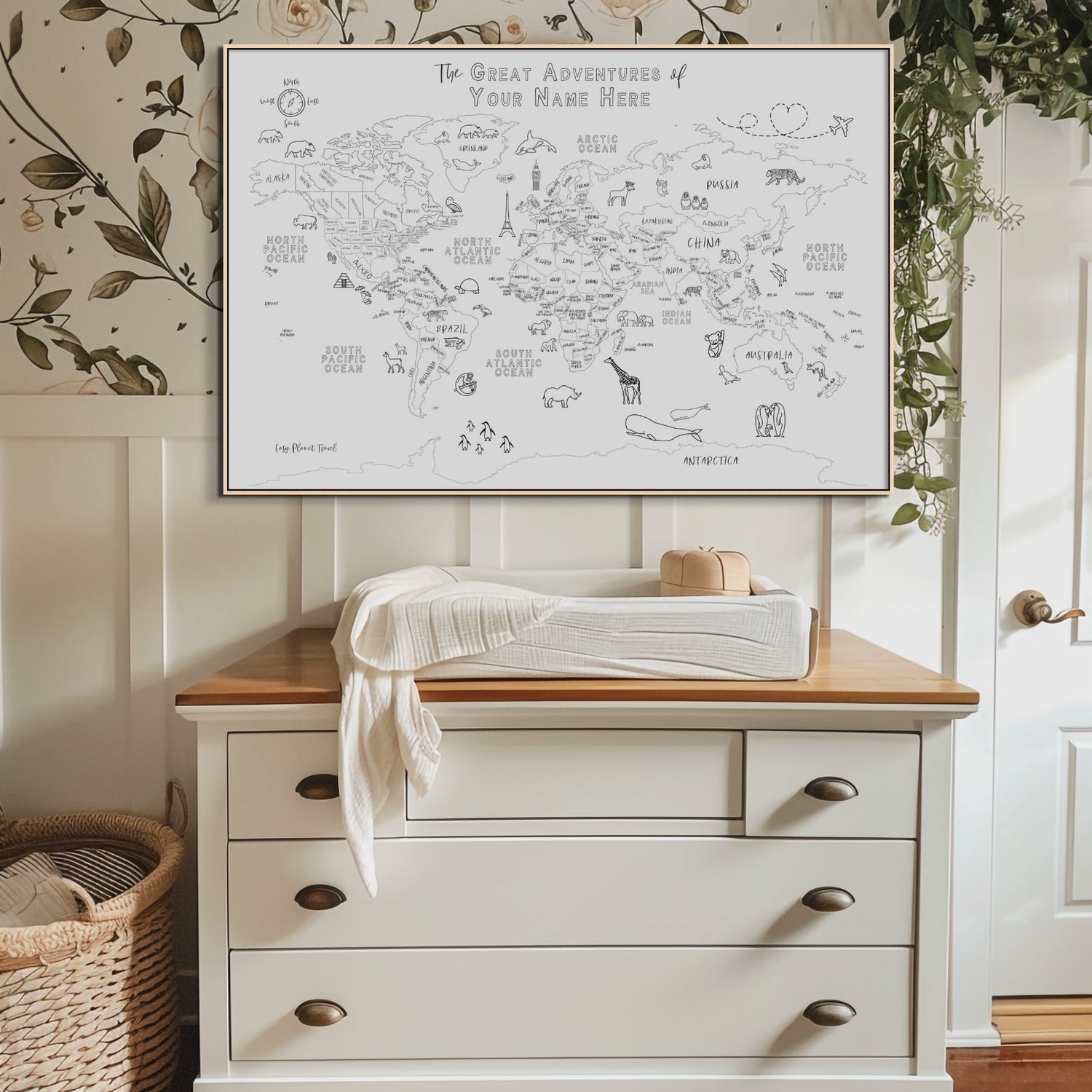 Custom World Map with Animals for Kids Black and White