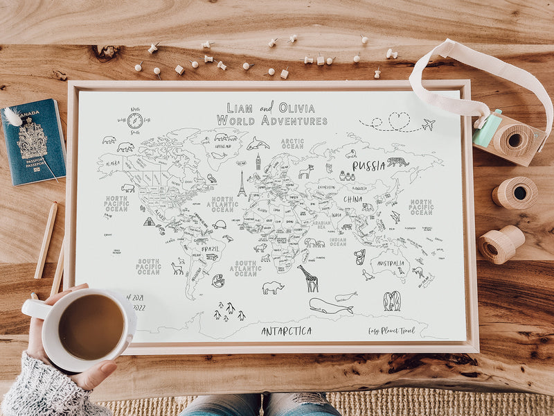 Custom World Map with Animals for Kids Black and White