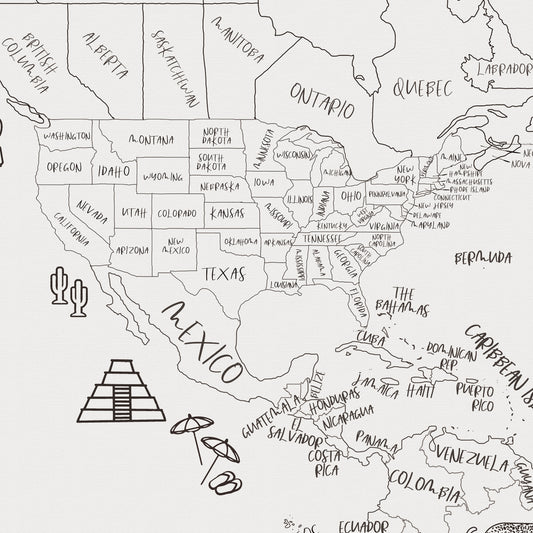 Carte du monde personnalisée ludique pour enfants, noir et blanc