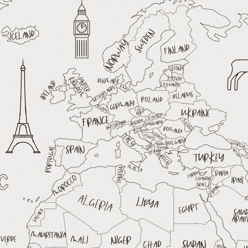 Custom World Map with Animals for Kids Black and White