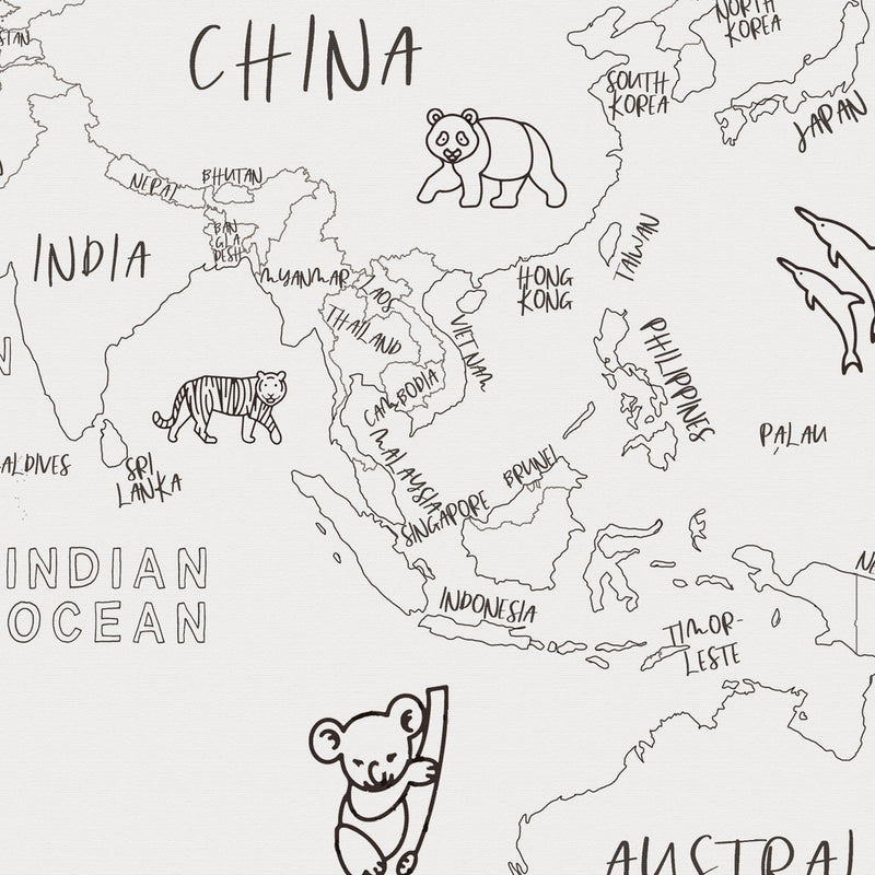 Custom World Map with Animals for Kids Black and White